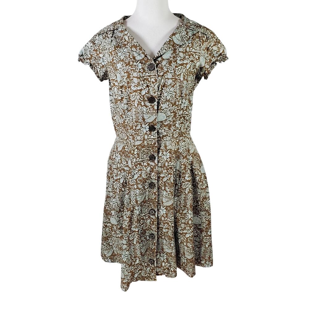 Peruvian Connection Dress Printed Cotton Shirtdress Brown Green Floral Sz 6